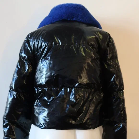 Womens Central Park West Black Blue Faux Fur Collar Puffer Bomber Jacket S * - Picture 8 of 12